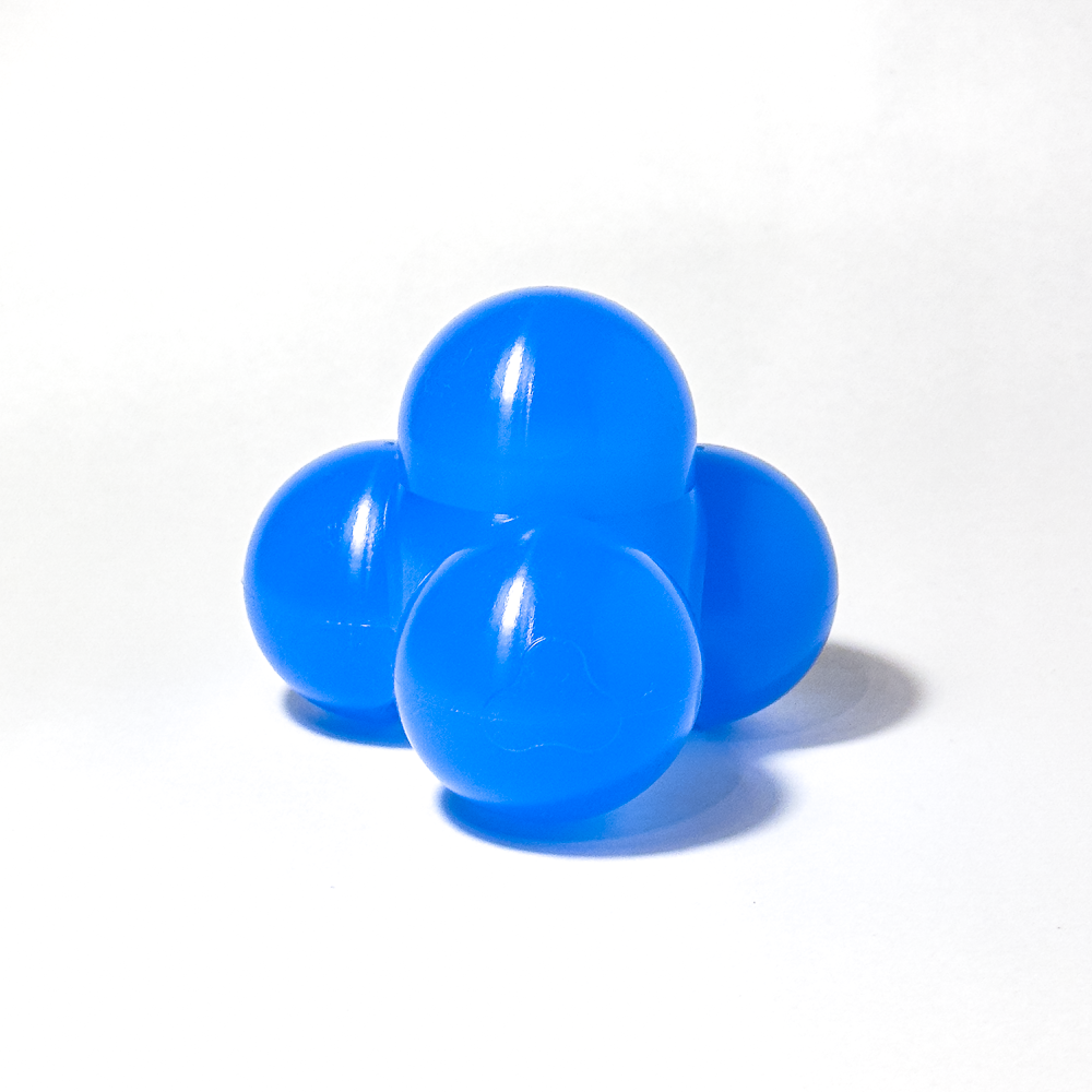Small, solid blue silicone structure comprised of four circular nodes, viewed from the side